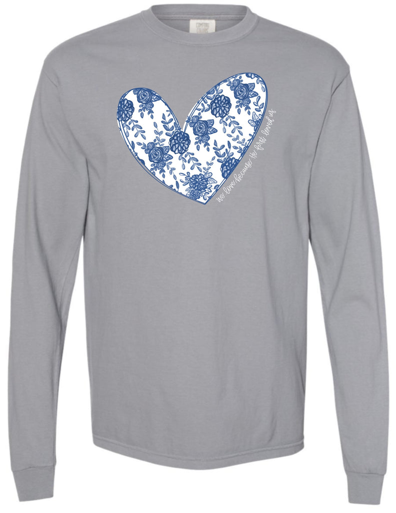 Blue Chinoiserie Heart Long Sleeve Tee