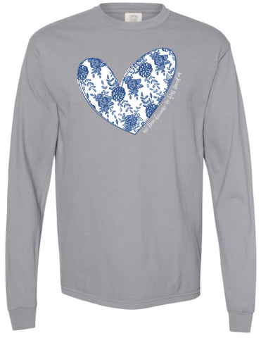 Blue Chinoiserie Heart Long Sleeve Tee